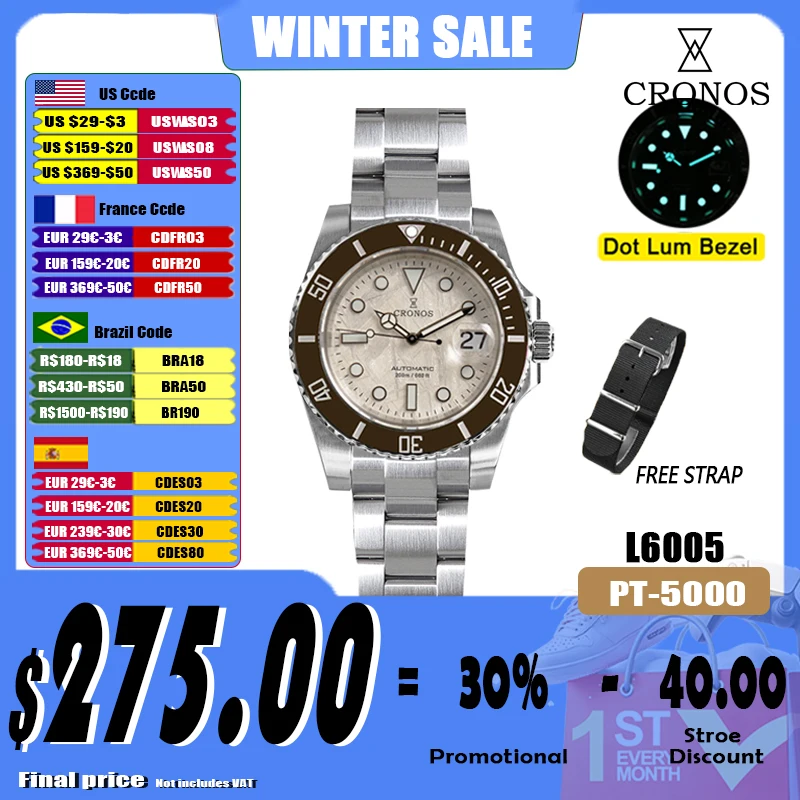 Cronos Sub Diver Men Watch Stainless Steel PT5000 Bracelet Ceramic Bezel 200 meters Water Resistant Glideclasp