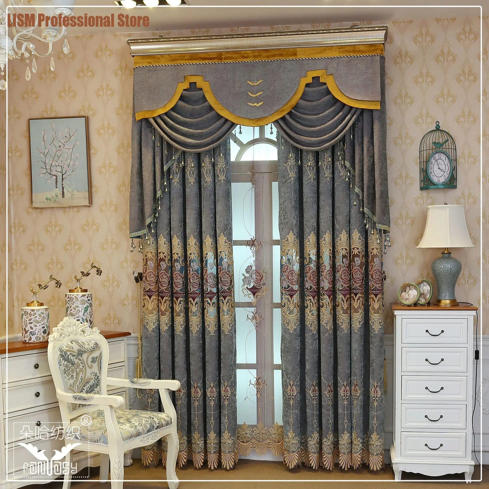 European Style Curtains for Living Room BedroomLuxury Jacquard Chenille Peony Embroidered Curtain Finished Product Customization