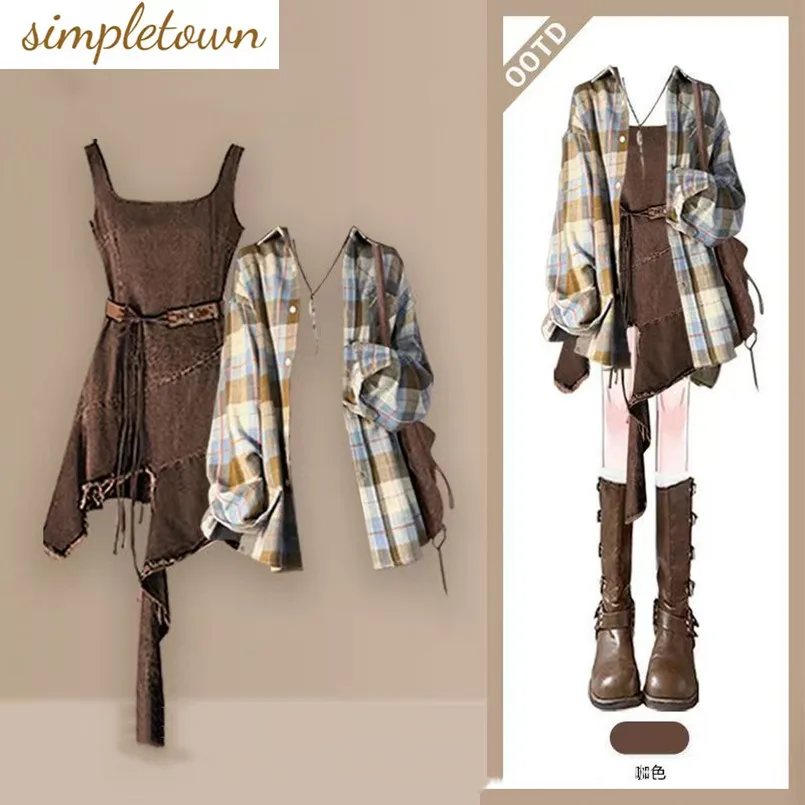 

Spring and Autumn New Korean Edition Melad Loose Plaid Shirt Casual Denim Skirt Elegant Women's Two Piece Set