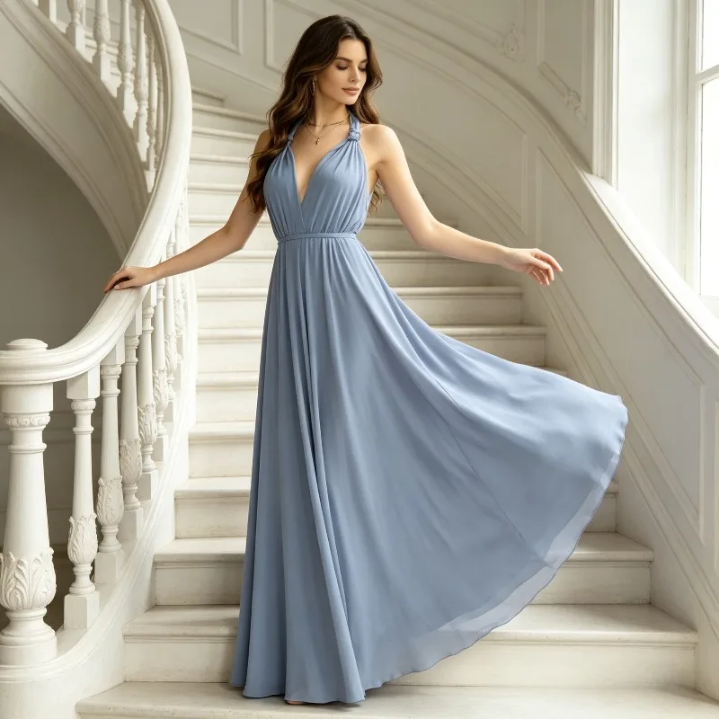 French Retro Backless Dress with Adjustable Tie Design Swinging Long Skirt Female Bridesmaids Banquet and Date Styling Clothing