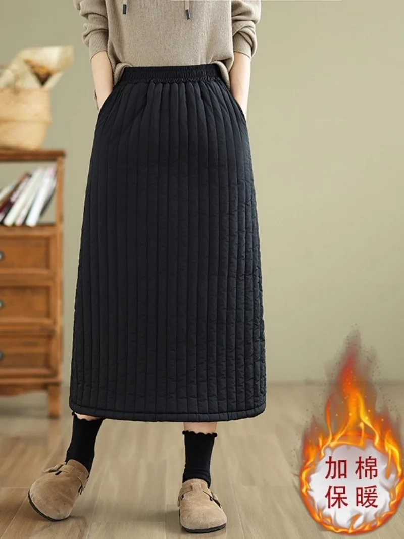 

2025 Autumn And Winter Women's Quilted Skirt Thick Loose Versatile Rear Split A-Line Cotton Skirt w1070