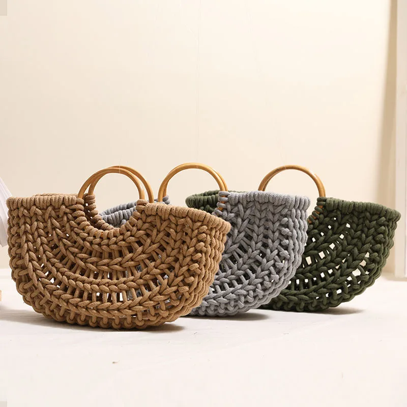 

Cotton thread rope wood Bag Women Hand-Woven Handbag Moon Shape Rattan Bag Drawstring Casual Beach Shoulder Crossbody Bag