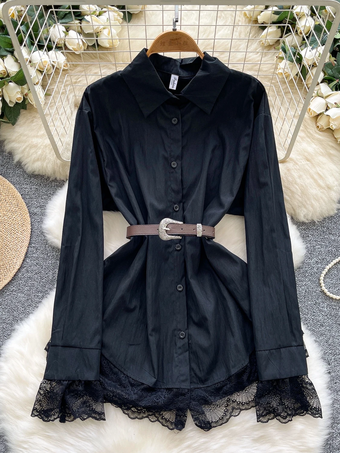 韓国風カジュアルレーススプライスベルト付きロングスカート、女性用ルーズフィット包帯ウエストスカート、ファッショナブルで通気性のある