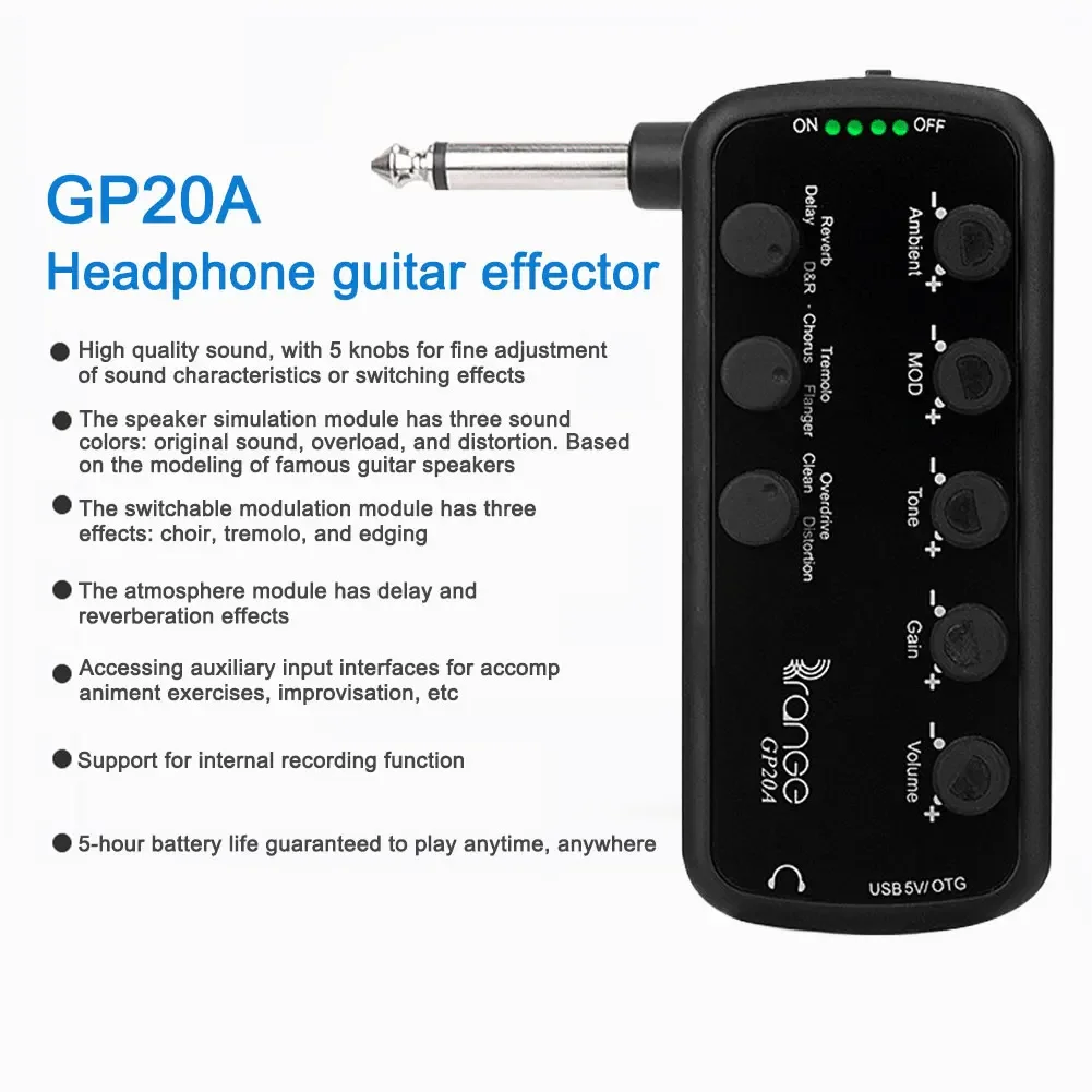 Carry-On Plug-In Multi-Effects USB Chargable Recording Electric Guitar Headphone Amplifier Acoustic Overdrive Distortion Tone