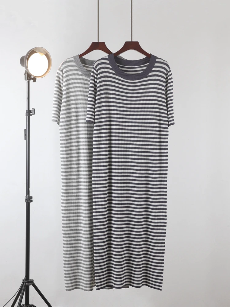 韓国スタイル春/夏ソリッドカラープルオーバールーズウエストストライプロングTシャツドレス女性用