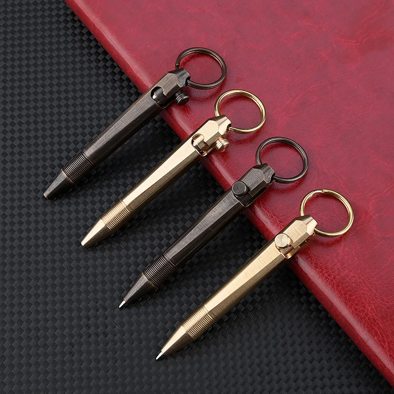 Mini Brass Pen Portable Cylindrical Bolt Ballpoint Pen Key pendant Business Signature Stationery Pen EDC Outdoors Writing Tools