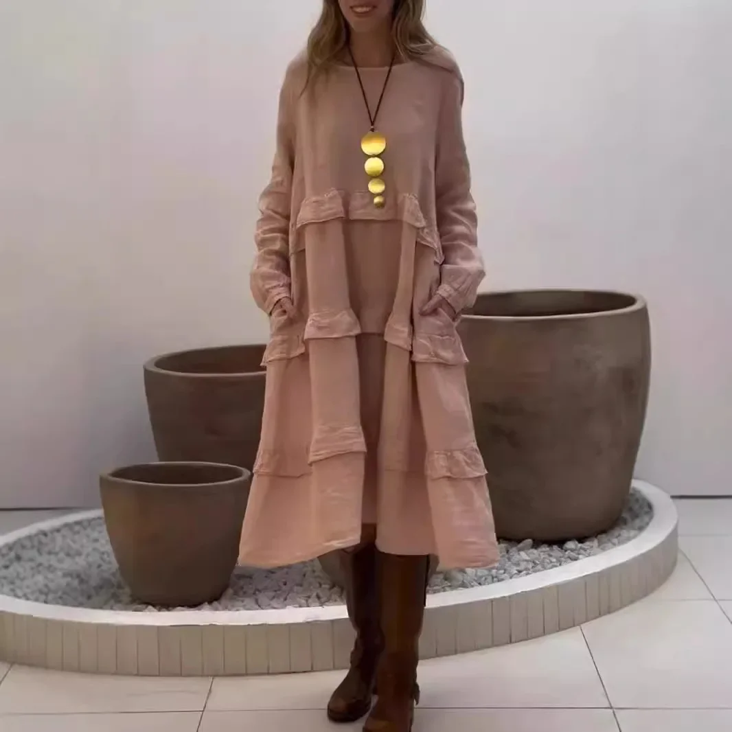 

Spring Autumn Fashion New Long-sleeved Spliced ​​round Neck Ruffle Long Dresses Women Casual Pocket Beach A-line Dress Vintage