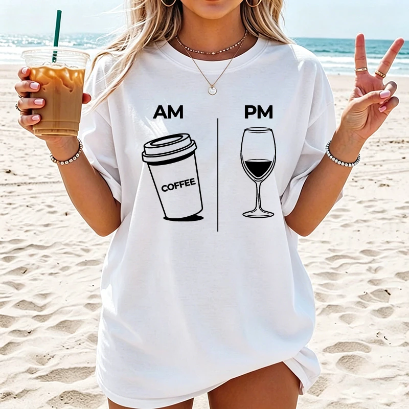 2026Short Sleeve Casual Tee Funny Coffee  Wine Print Trend Women Fashion Clothing Graphic T-shirts Clothes Day Evening Drinks Shirt