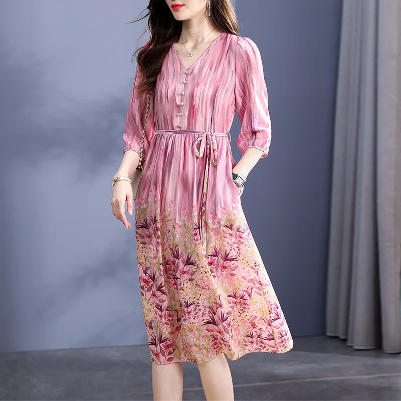 Birdsky, 1PC Women dress V neck A line cloth button waist belt pocket 7 sleeve 100% real mulberry silk flower print, S-708