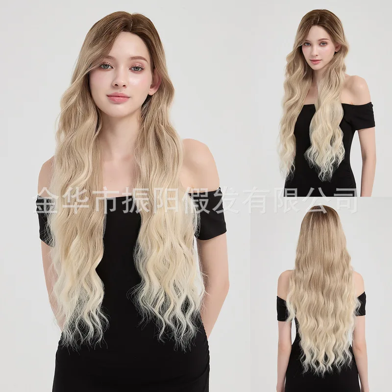 Synthetic wigs with water wave long curly hair, styleable women's full head wig in gradient golden color
