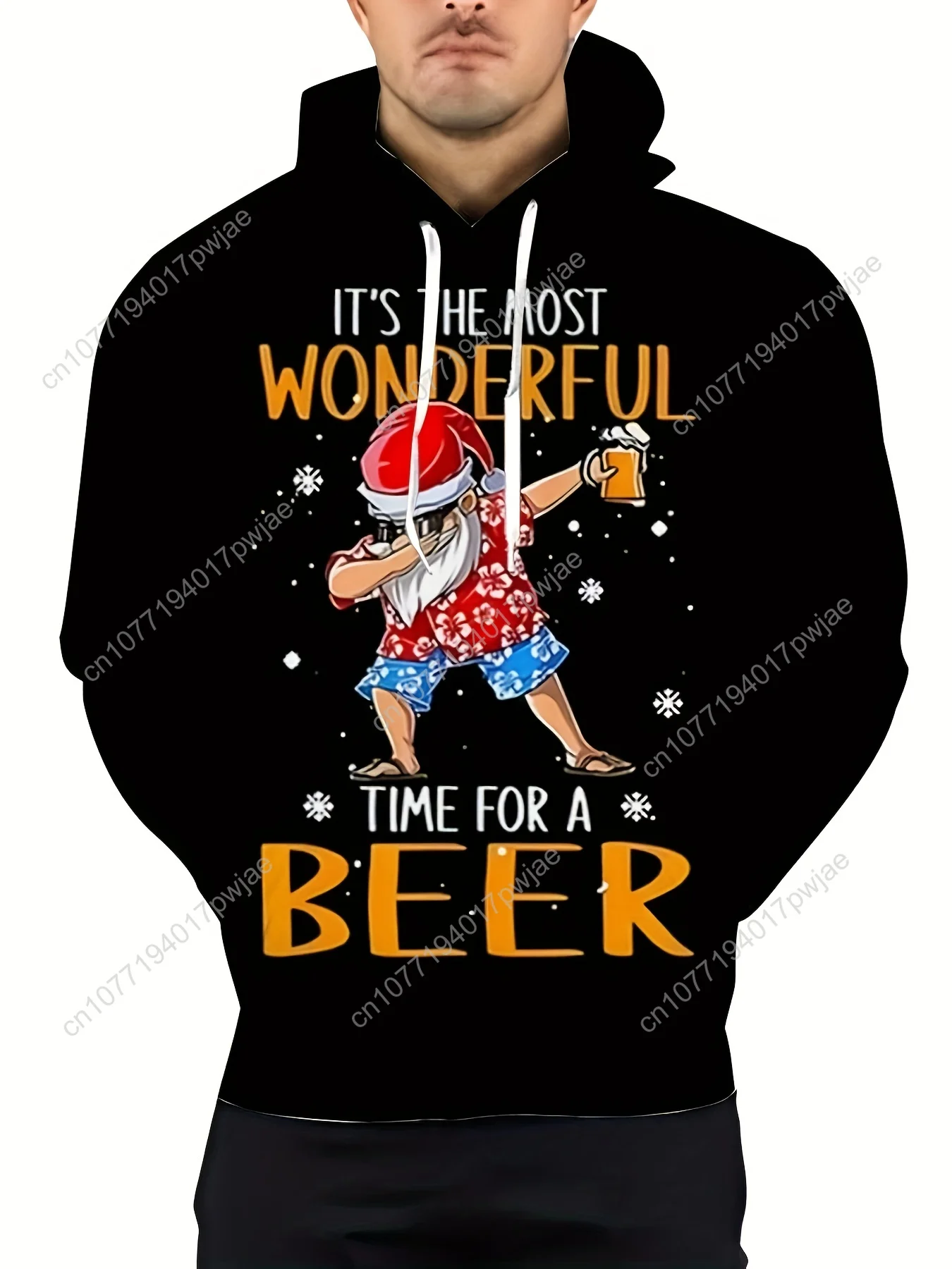 Christmas Santa Hat Pattern Hoodie for Men - Casual Polyester Knit Fabric with Hood, Regular Fit, Novelty Beer-Themed Design