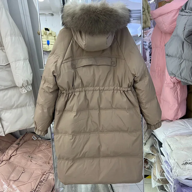 Chaqueta acolchada larga impermeable para mujer, abrigo grande con capucha de piel de mapache Real, Parkas de plumas de lluvia para mujer, invierno, 2023