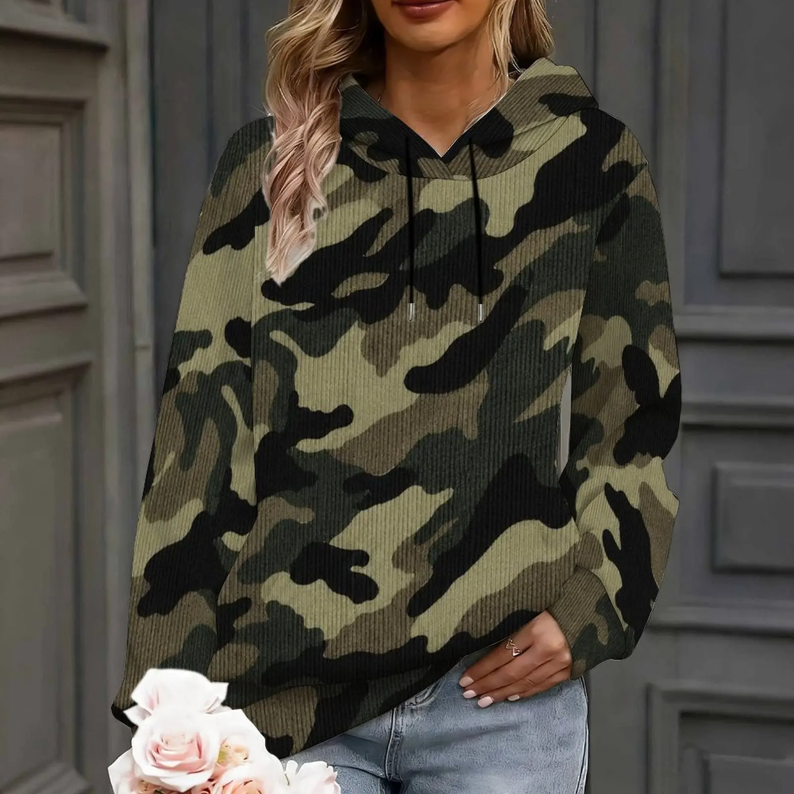 Women Tree Leaf Camo Print Long Sleeve Drawstring Pullover Hoodie