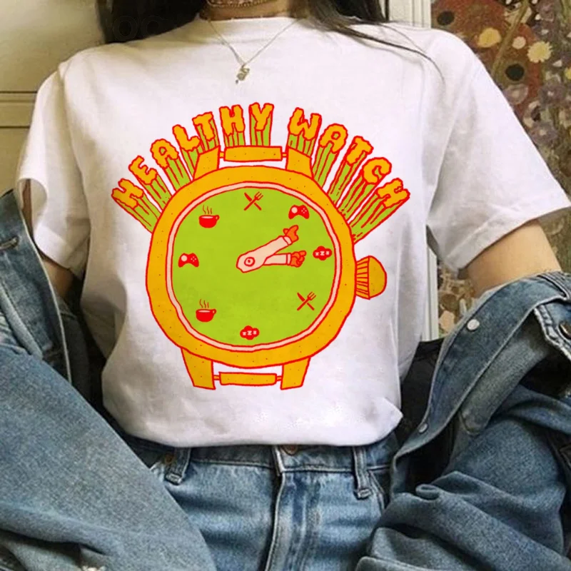 Summer Fashion Printed T-Shirt Women's Health Watch Pattern T-Shirt Regular Women's O-Neck Clothing Cute Casual Cartoon Top