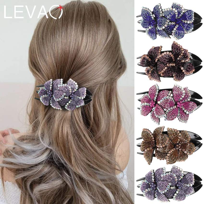 Elegant Rhinestone Women\'s Duckbill Hair Clip Retro Headgear Plastic Barrette Claw Clip Crystal Flowers Hairpin Hair Accessories