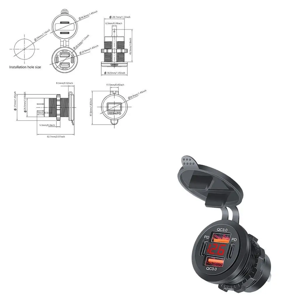 31bc-ダブル-qc30-ダブル-pd-type-c-コンセント防水キャップ付き電圧計-12v-24v-充電コンセント-usb-電源コンセントマリン用
