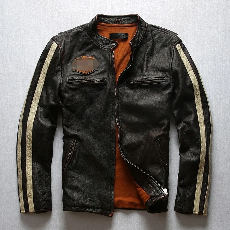 Fashion Brand Stripe Genuine Men Slim Fit Vintage Motorcycle Men's Letter Moto Biker Jacket Leather Coat Clothing