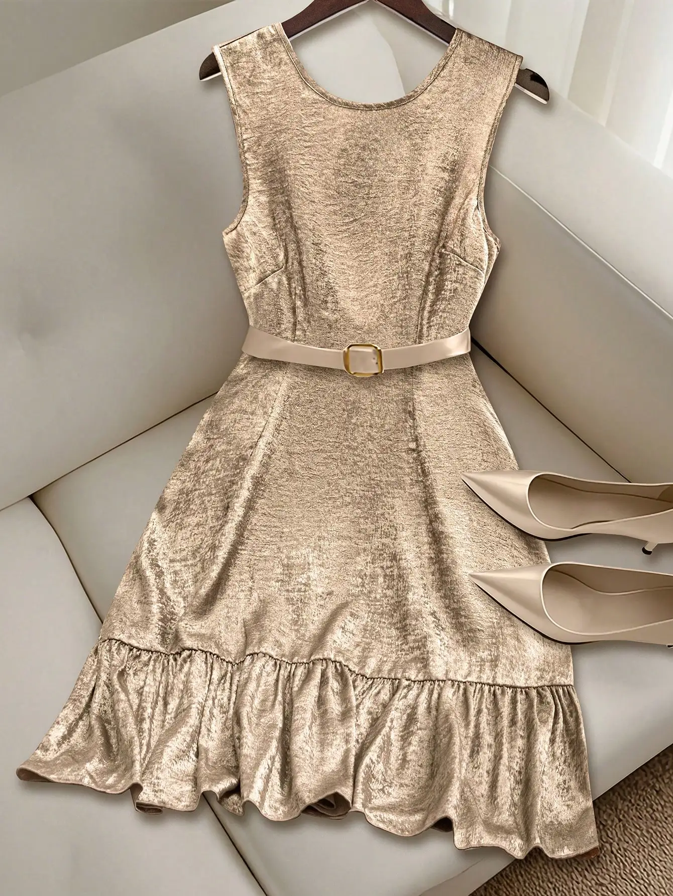 

Women's Metallic Sleeveless A-Line Dress with Belt and Ruffled Hem