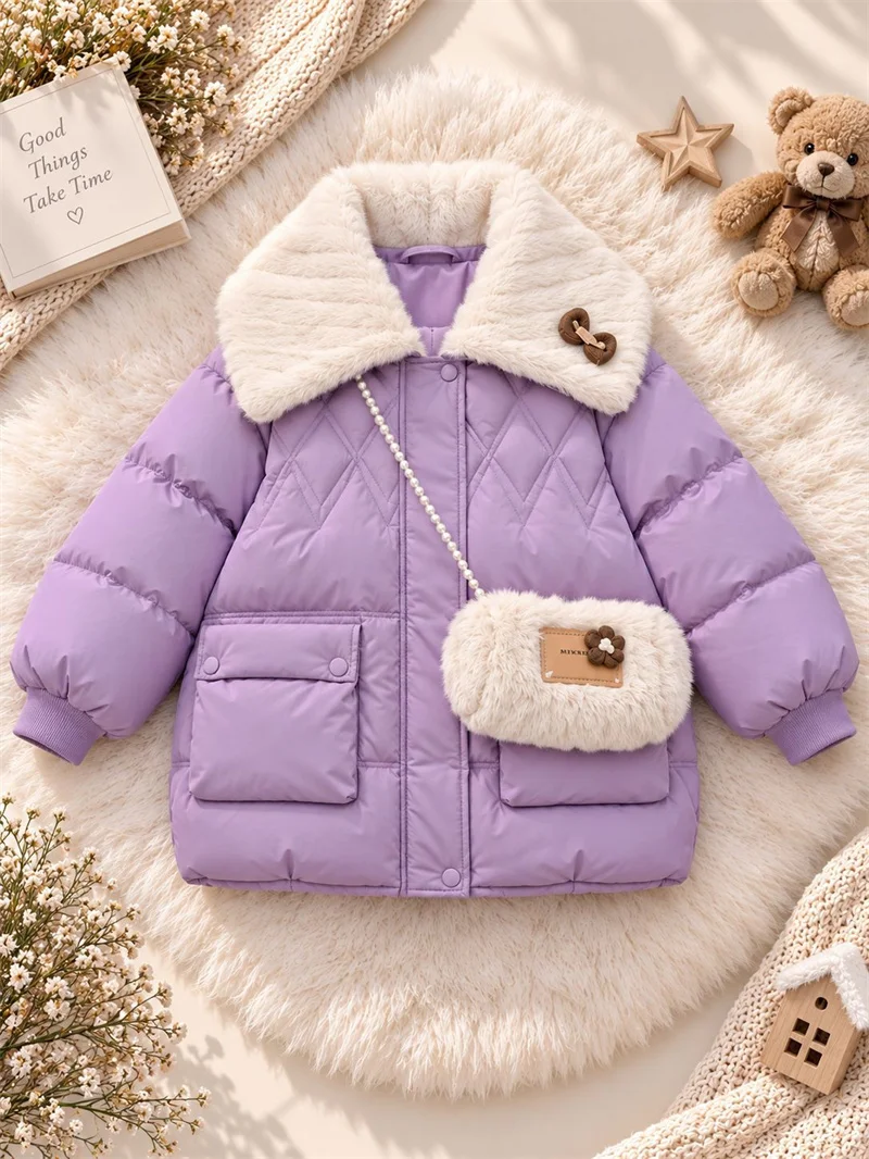 Girls Winter Down Coats Kids Bow Warm Jackets With Turn-up Collars Children Cute Thick Plush Windproof Thermal Outerwear 5-14Y 3