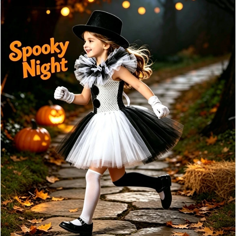 Black White Clown Girls Tulle Tutu Dress Autumn Kids Outfit For Halloween Party Stage Show Festival Dress Up Daily Casual Wear