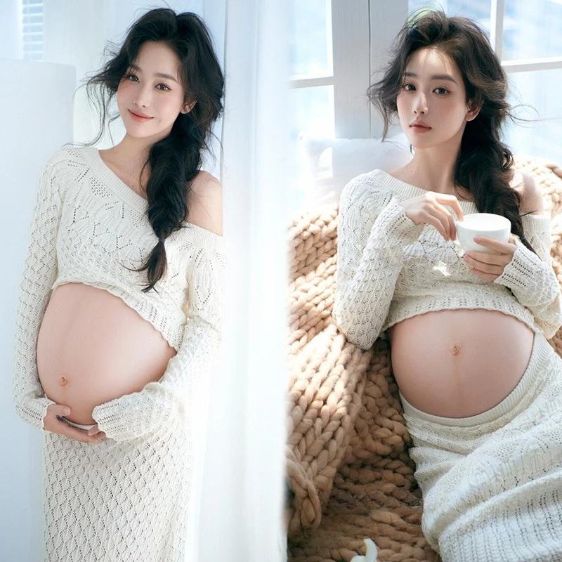 

Women Maternity Dress for Photography White Elegant Knitted One-shoulder Pregancy Top Skirt for Studio Photo Shoot Clothing