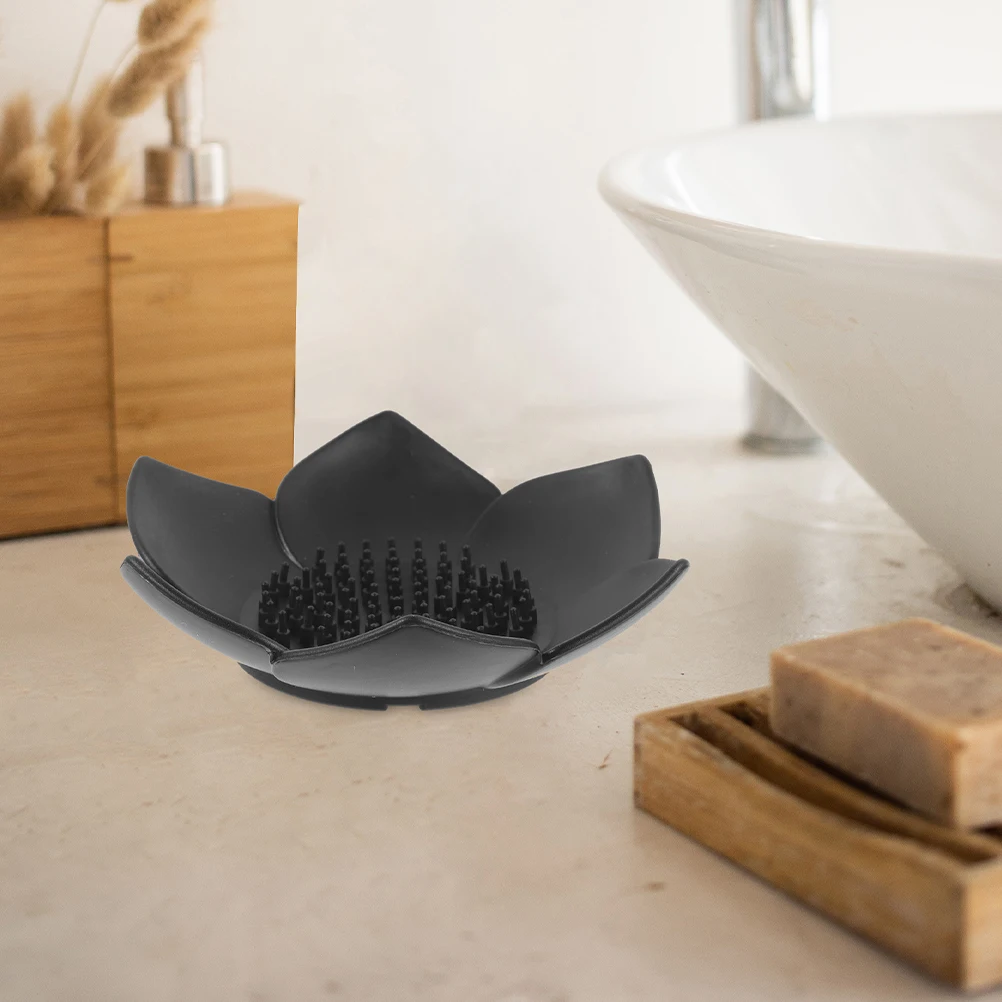 

2pcs Black Silicone Soap Holder Self Draining Dishes Flower Shape Portable Bathroom Tray Kitchen Travel Space Saving Stylish