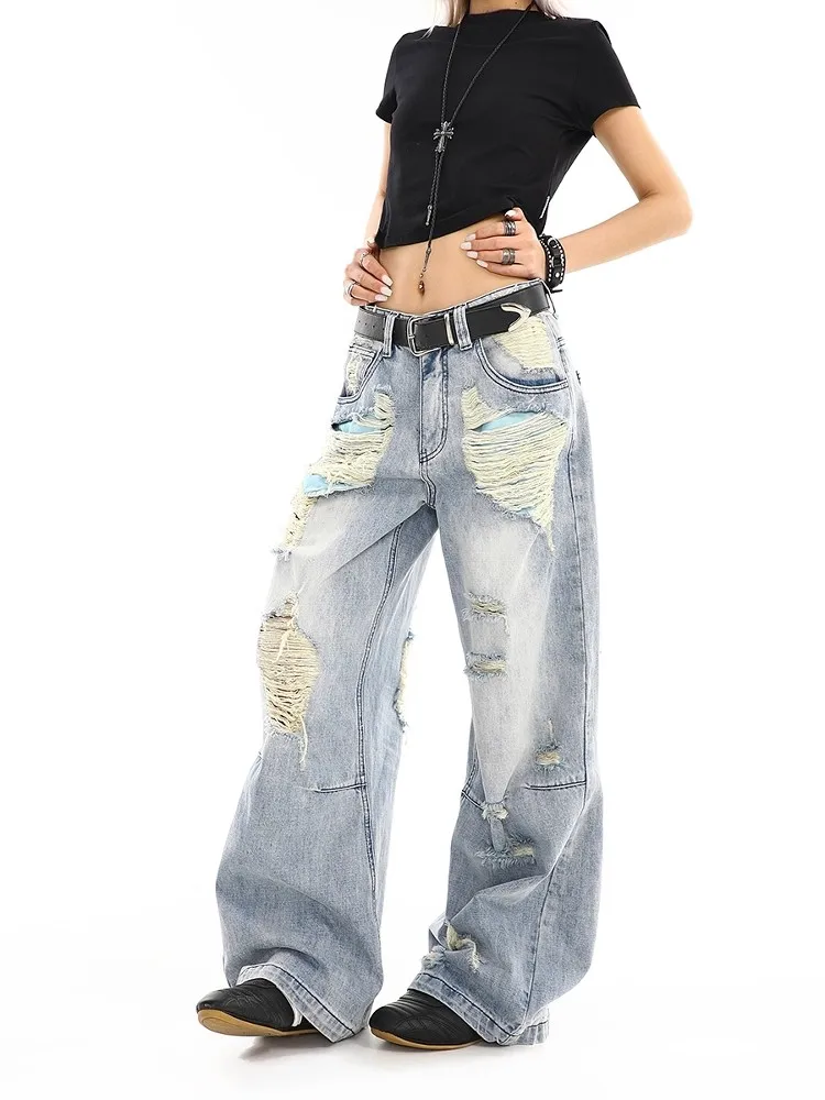 Women's Blue Ripped Jeans Cargo Baggy Washed Y2K Japanese Harajuku High Street Aesthetic Vintage Casual Pants Jeans Clothing New