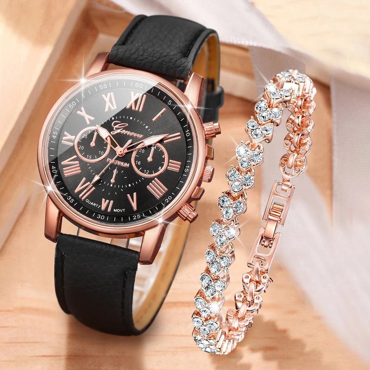 6 stks/set mode dames quartz horloge veelzijdig leer zwart wit roze horloge met hart diamanten armband set