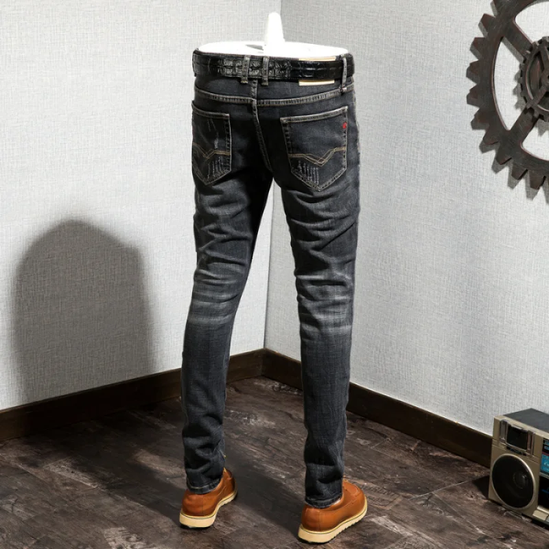 

JXN628 American high quality jeans men's casual Slim scratchy elastic black grey small leg trousers man