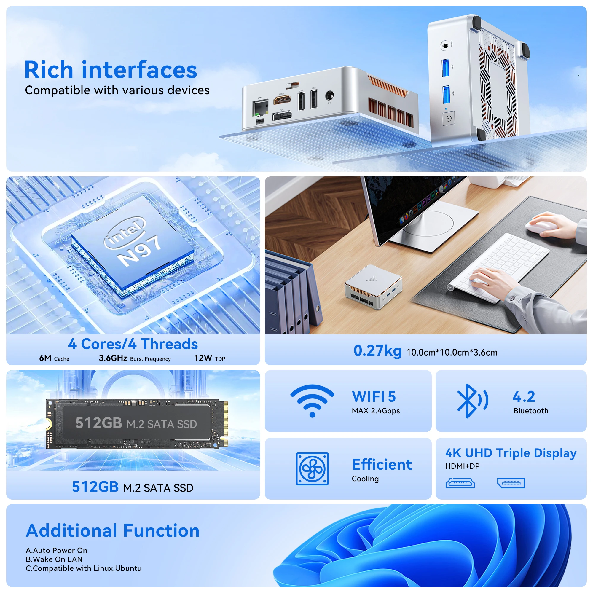 ACEMAGIC Mini PC E2 Mini Computer Alder Lake-N97 16GB DDR4 512GB M.2 SSD Windows 11 Pro Micro Desktop Computer Mini Desktop PC