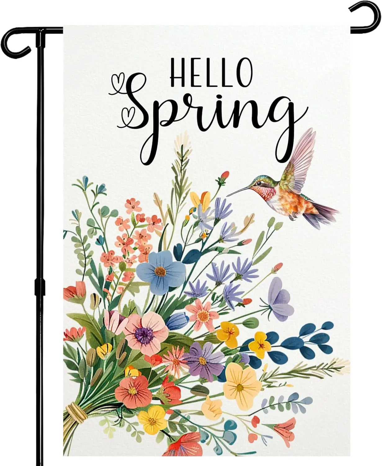 Spring Floral Garden Flag 12x18 Inch Double Sided Small Seasonal Flag for Outside Hello Spring Hummingbird Flower Yard Flag( WWP