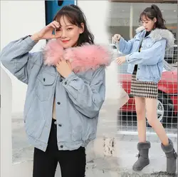 2023 Faux Fur Collar Denim Jacket Women Winter Hooded Warm Jean Coat Student Basic Parkas Female Bomber Jacket