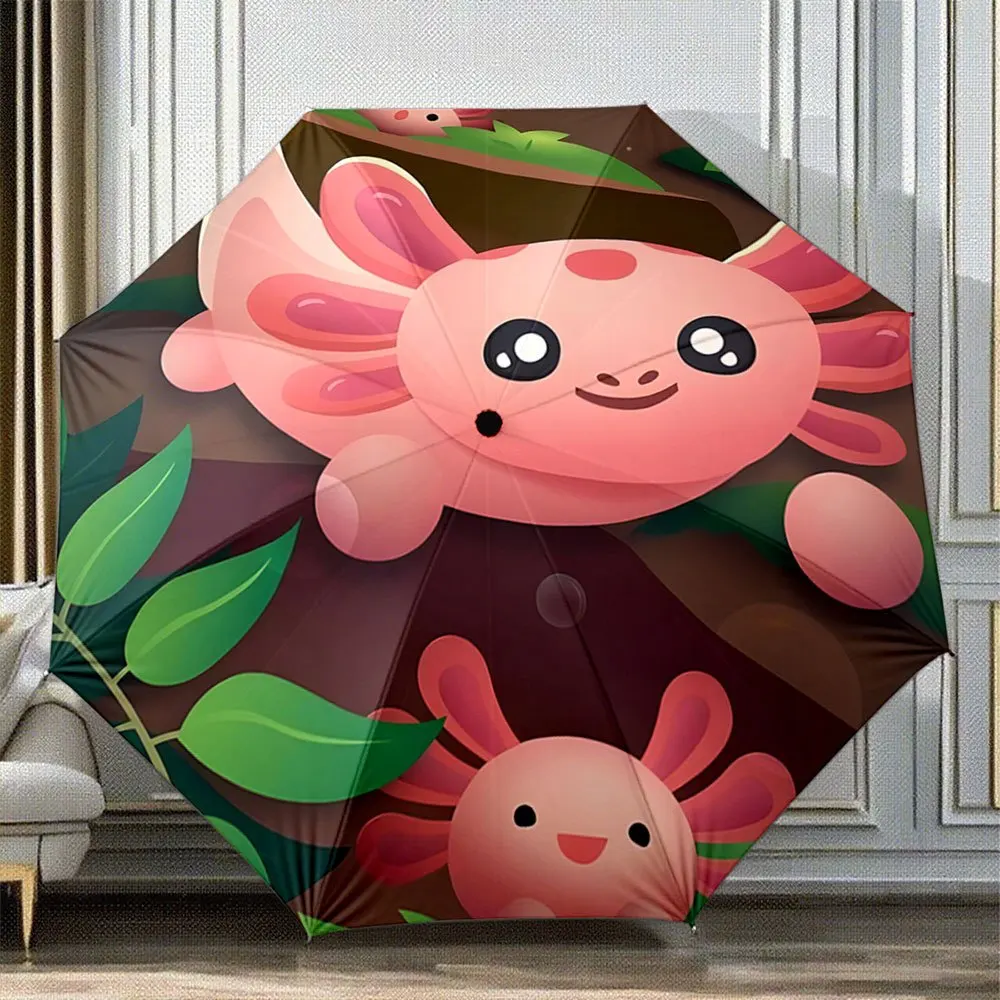 

Automatic Open/Close Folding Umbrella with Pink Axolotls & Large Green Leaves - 8-Rib Sturdy Frame, Compact Travel Umbrella wi