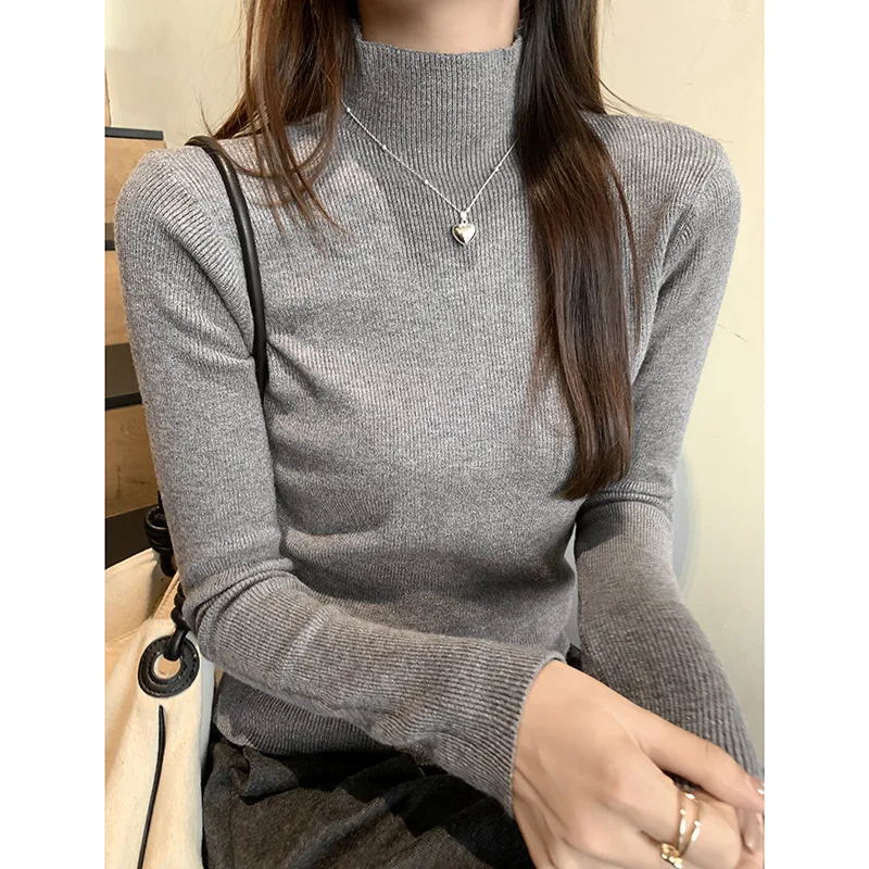 Semi-turtleneck Bubble Sleeve Long-sleeved Knitted Bottoming Shirt Women's 2024 Winter New