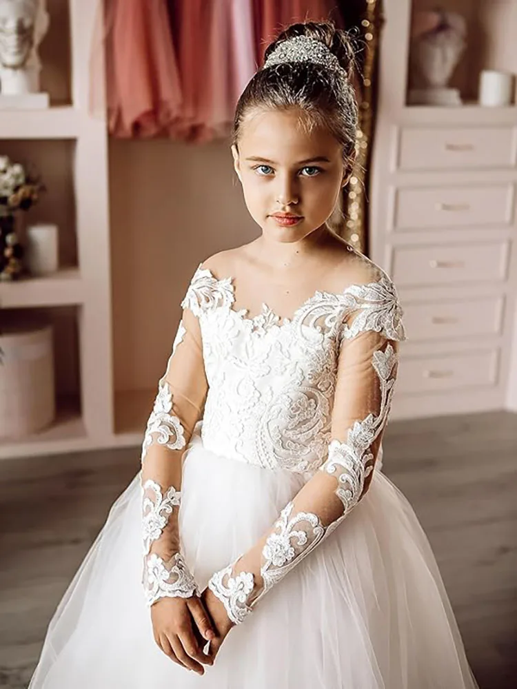 

Can custom color Flower Girl dress Ivory bow tulle Lace appliques tailing kids brthday prom formal occasion elegant wedding gown