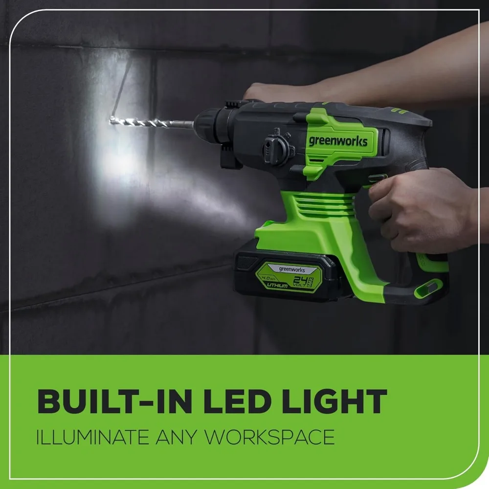 مطرقة دوارة لاسلكية 24 فولت، 2.1 جول، مثقاب SDS Plus بدون فرش، 4 أوضاع، ضوء LED، بطارية 4 أمبير في الساعة، أداة طاقة طويلة العمر