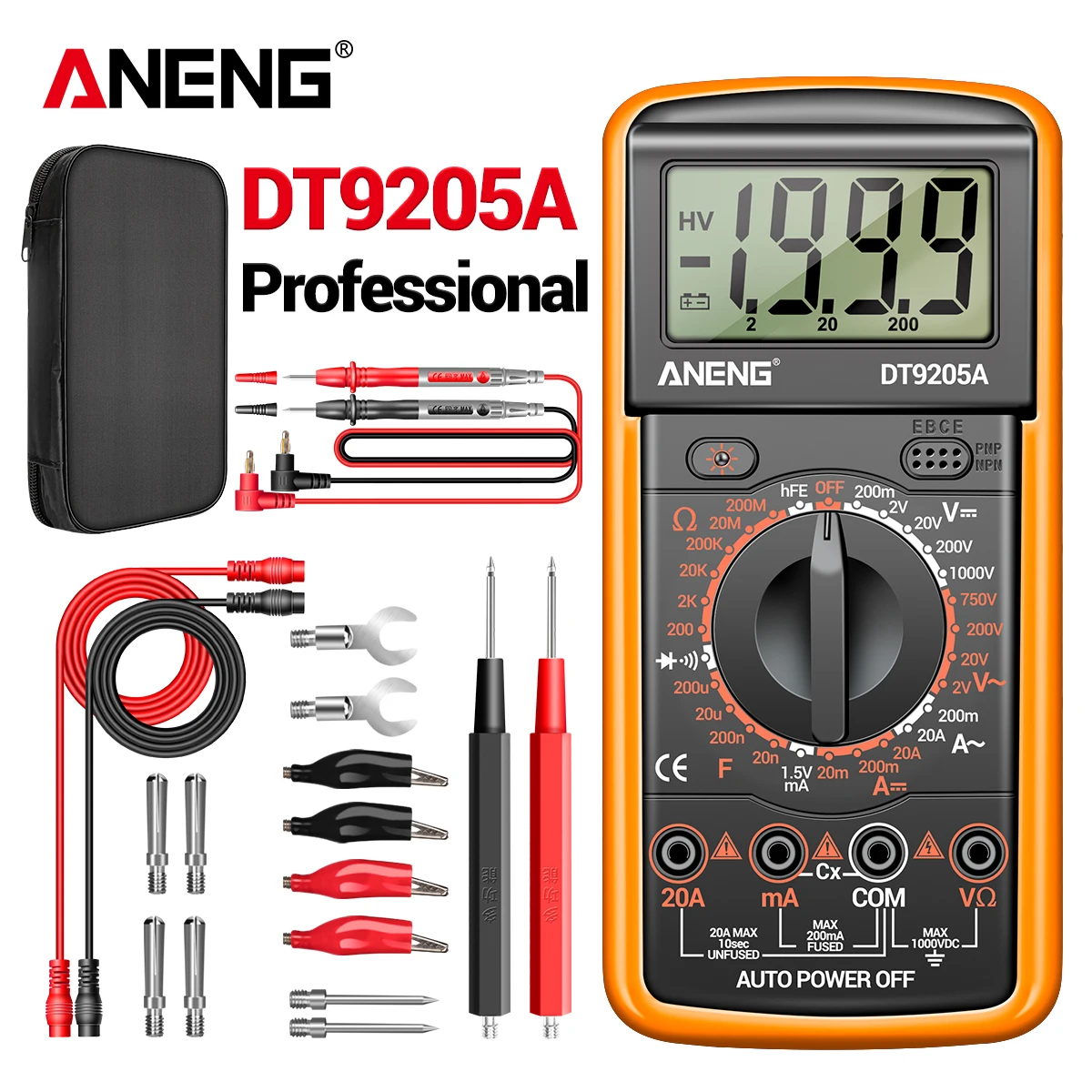 Multímetro Portátil ANENG DT9205A-12, Testador Digital de Alta Precisão para Eletricistas/Ferramentas DIY Domésticas