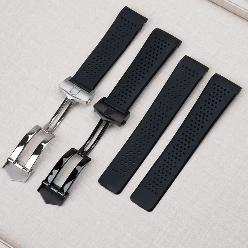 ONECMN 22mm 24mm Soft Rubber Watch Band Bracelet For TAG Strap HEUER GRAND CARRERA AQUARACER Wristband Steel Fold Buckle