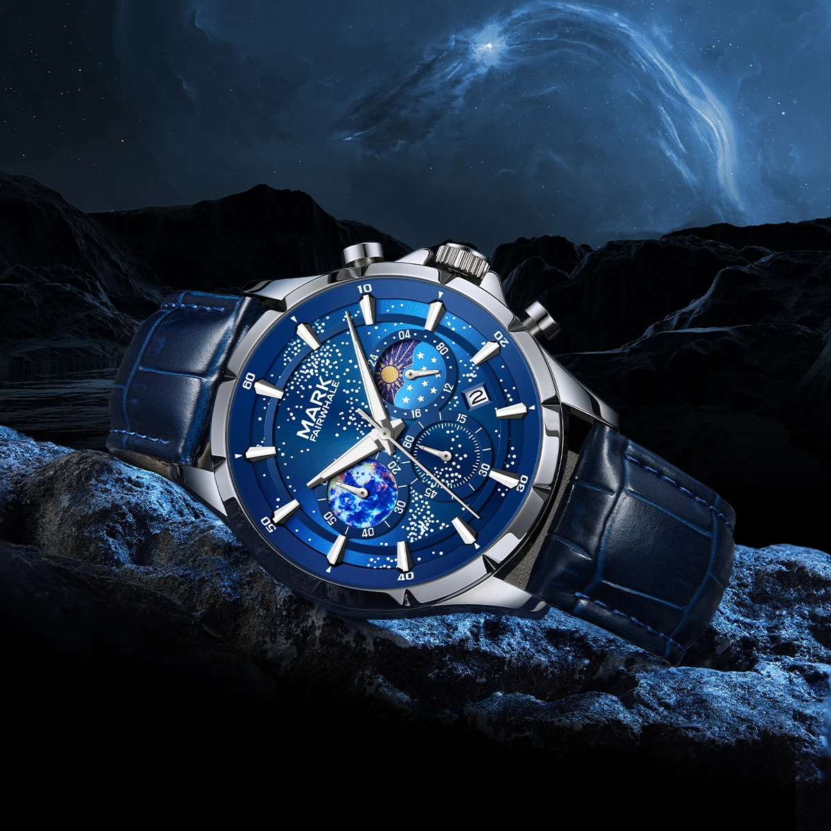 

MARK FAIRWHALE Fashion Blue Starry Dial Men's Quartz Wristwatch Moon Phase Luminous Waterproof Men Watch Reloj Hombre