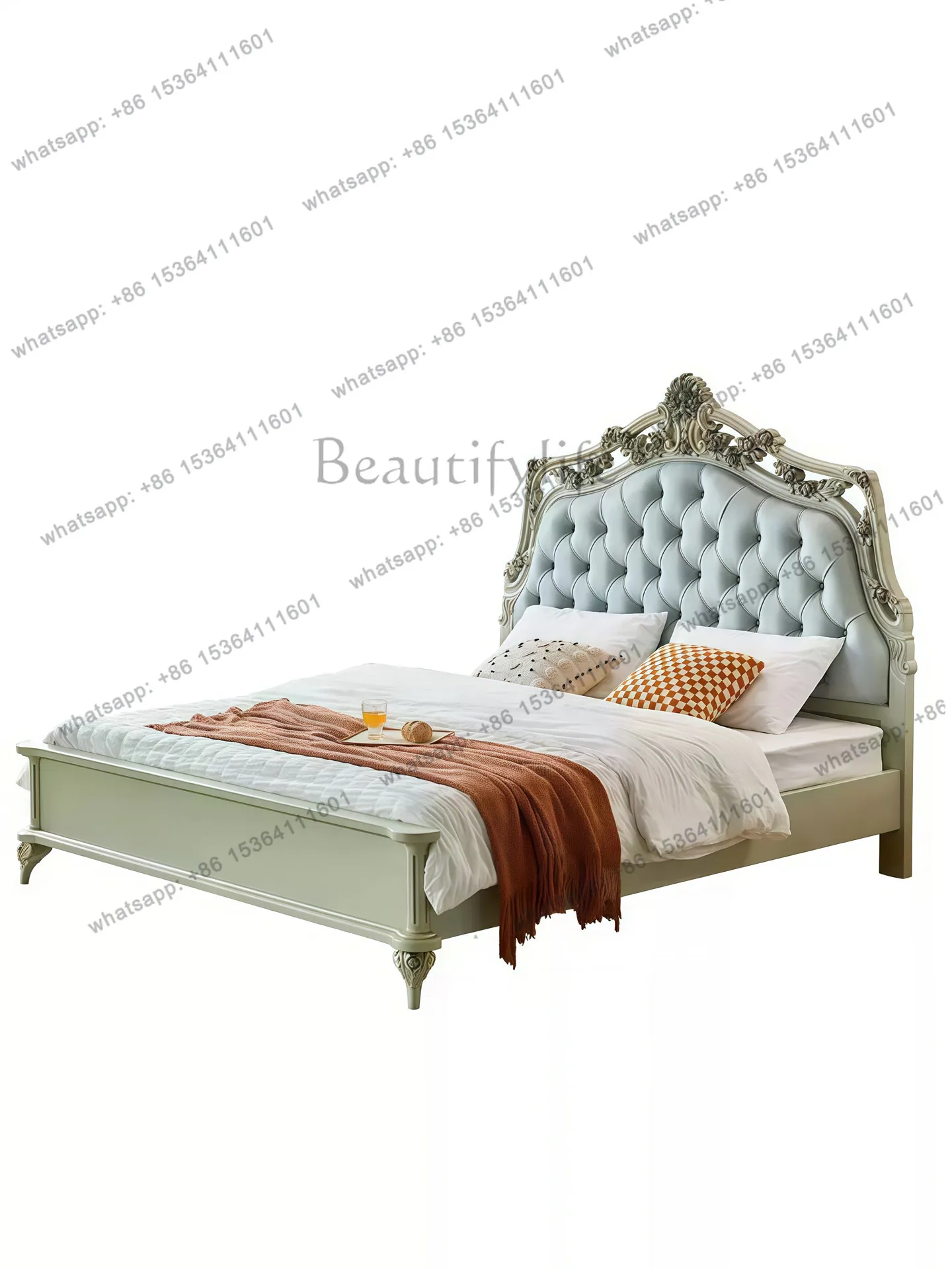 French full solid wood double bed carved luxury European high PC and console game bedroom American light luxury princess bed