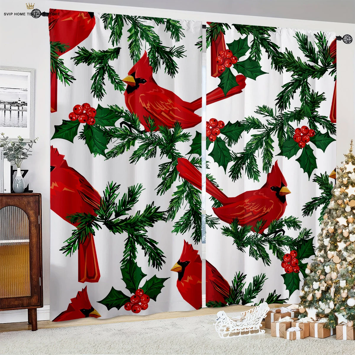 

Christmas Tree Window Display New Year Decoration Curtain Rod Pocket Machine Washable Bedroom Dining Room Decoration Curtain