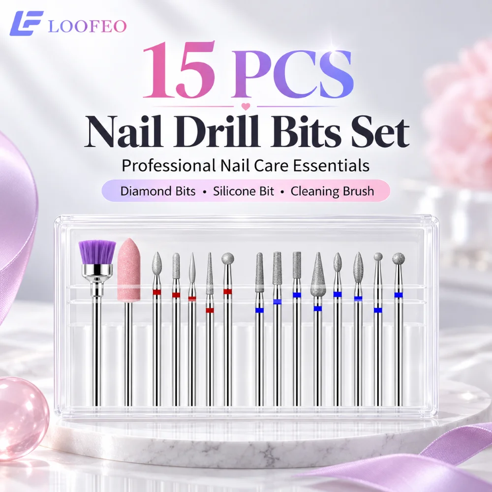 15Pcs Nail Drill Bits Set 2.35mm Fine Medium Grit Diamond Shapes Silicone Polisher Cleaning Brush For Cuticle Care Manicure Prep