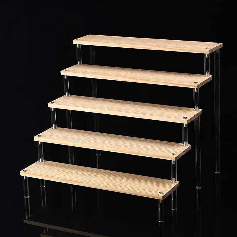 20/30/40/50cm Wooden Step Display Rack Crystal Acrylic Pillar Organizer Toys, Cosmetics Collection and Display 2-5 Tiers