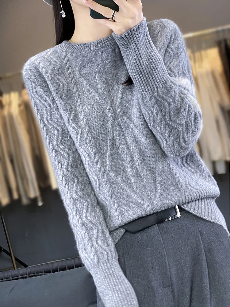 New Women 100% Merino Wool Pullover Autumn Winter Cashmere Sweater O-Neck Cable Stitch Knitwear Casual Soft Tops Korean Popular