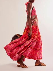 Women Cami Dress Floral Print Tie-Up Shoulder Straps Sleeveless Dress Long Dress Summer Big Swing A-line Loose Elegant Dress