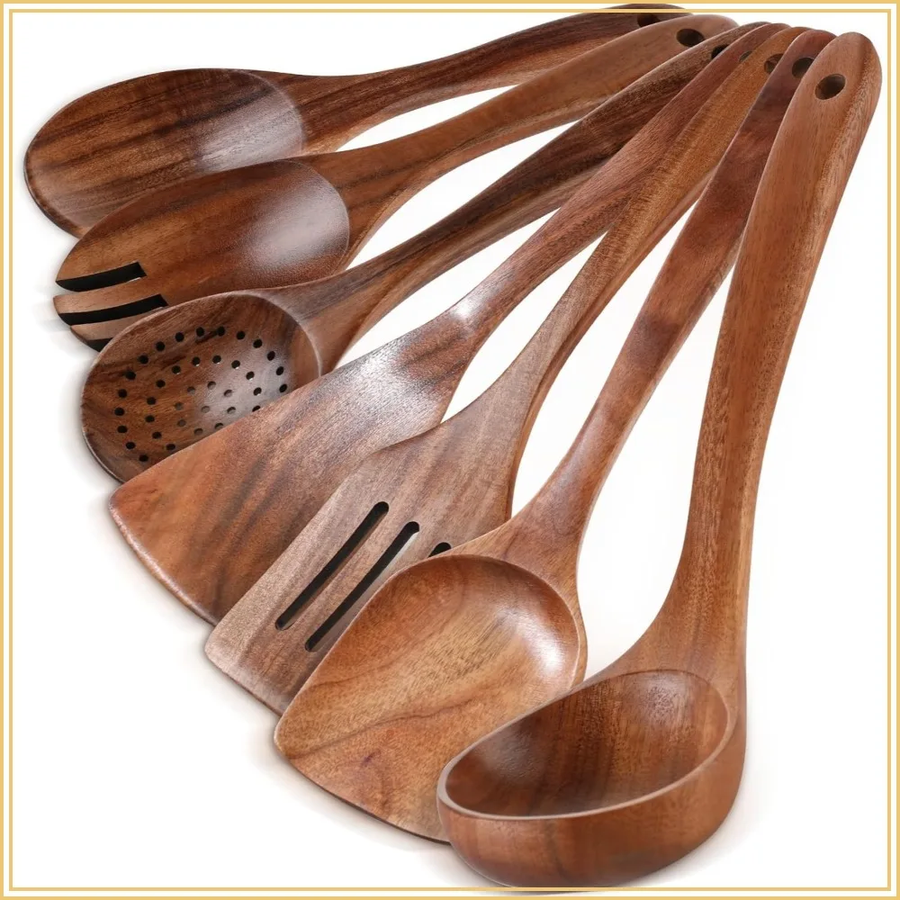 

7-Piece Teak Wooden Kitchen Utensils Set, Nonstick Heat-Resistant, Lightweight & Sturdy, Wooden Spatula for Cooking