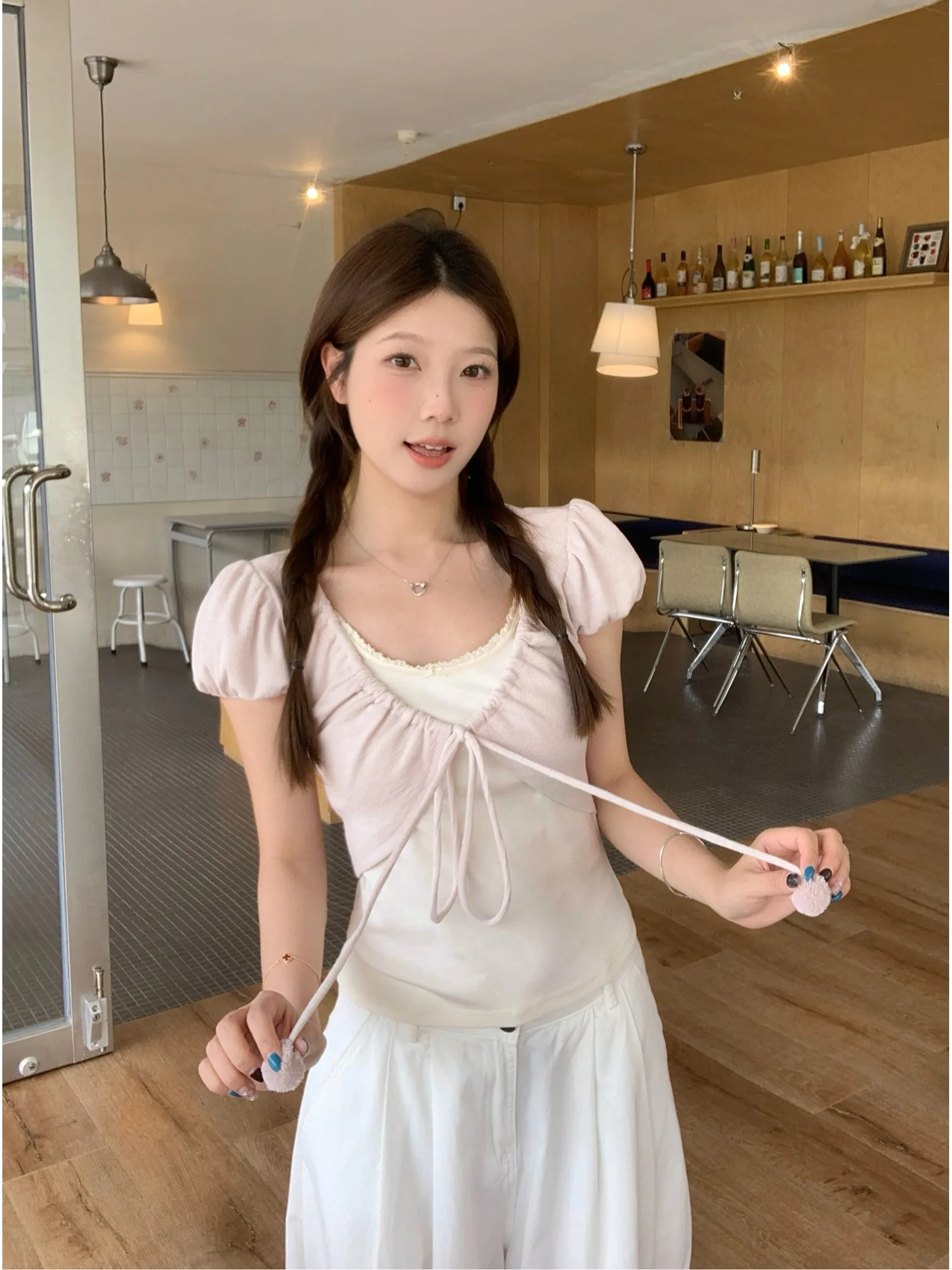 

Sweet Oversize Short Sleeve T-Shirt Slimming Design Color Block Belted Top Korean Style Commute Fashion plus Size Women's Shirt