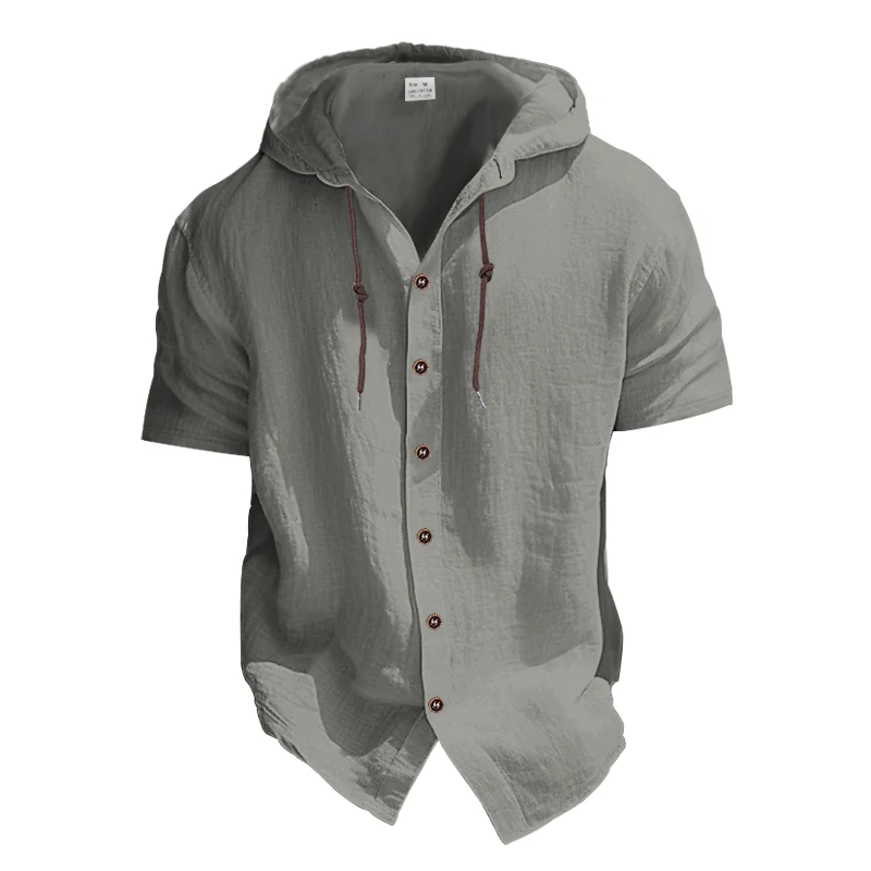 Summer 100% cotton linen men\'s short sleeved shirt in US size solid color hooded casual T-shirt plus size men\'s clothing