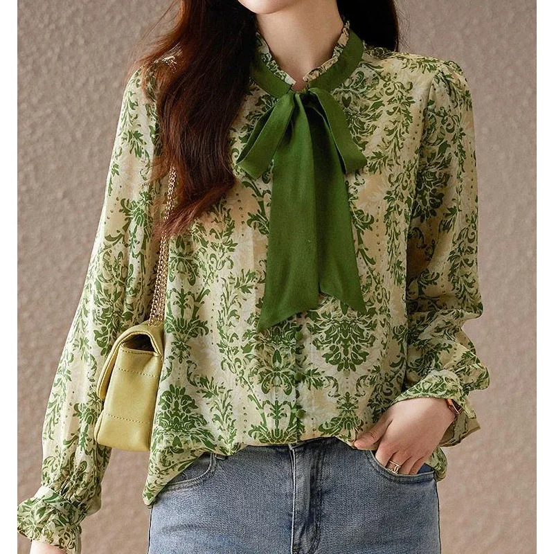 Camisa con botones estampados para mujer, blusa elegante de manga larga con cordones, cuello de bufanda, primavera y otoño, 2023