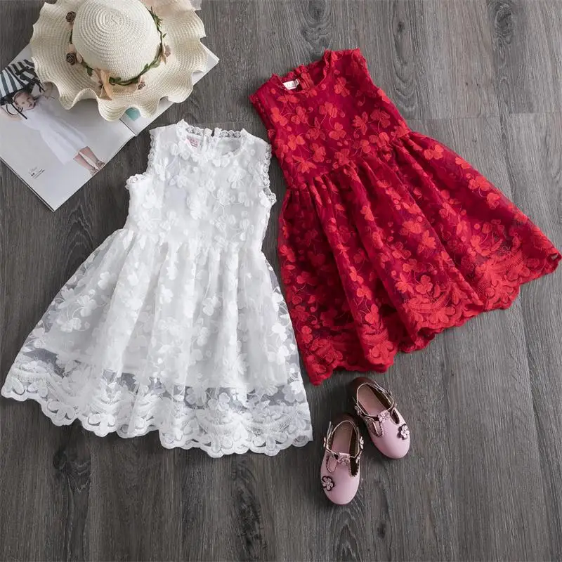 Summer Kids Casual Dresses for Girls 3-8 Yrs Flower Lace Children Birthday Party Clothing White Wedding Evening Dress Vestidos